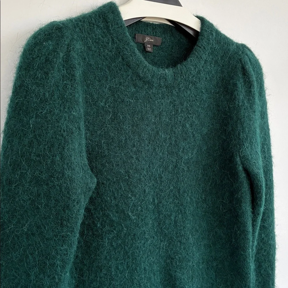 J. Crew Puff Sleeve Fuzzy Crewneck Sweater In Old Forest Alpaca Merino Blend XS
